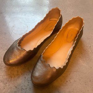 CHLOÉ Lauren scalloped leather ballet flats Size 38 1/2 Pewter